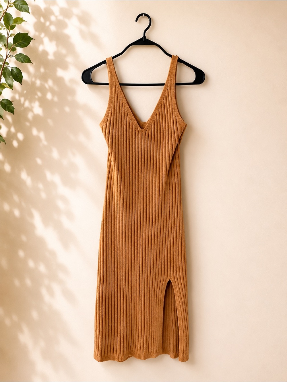 Hollister Ribbed Sweater Knit Midi Dress | Camel | Size Large